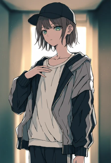 1boy, male focus, original, 
baseball cap, black jacket, black pants, blurry, blurry background, brown hair, closed mouth, cowboy shot, expressionless, grey jacket, hat, jacket, light particles, long sleeves, multicolored jacket, open clothes, open jacket, pants, shirt, short hair, solo, two-tone jacket, white shirt 
masterpiece, depth of field, standing, black headwear, collarbone, indoors, multicolored clothes, green eyes, backlighting, hand on own chest, looking at viewer, track pants, otoko no ko,
.
best quality, very aesthetic, absurdres
 <lora:hakuhiruoeoefornoob:0.95>