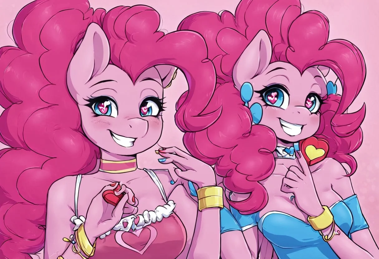1girl, cleavage, jewelry, upper body, pink hair, earrings, choker, pink eyes, heart-shaped eyes, makeup, pink skin, glowing, anthro, Pinkie Pie, Wings, pink dress, My Little Pony, poseMega, 1girl, breasts, collar, bracelet, ponytail, long hair, smile, jewelry, teeth, nail polish, grin, heart floating, heart-shaped pupils, aroused, heart eyes, pink background, HEART GIFT