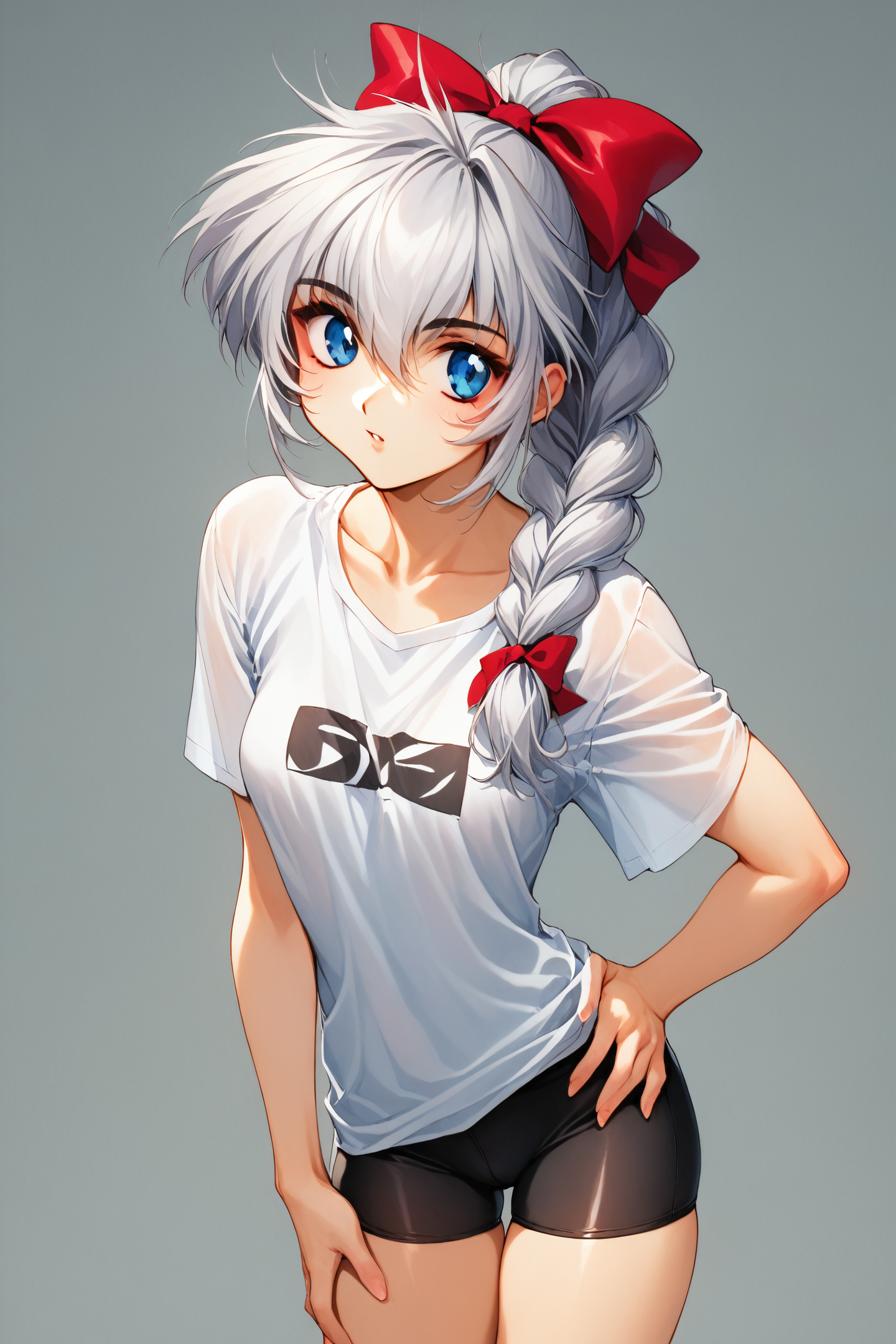 score_9,score_8_up,score_7_up,masterpiece,best quality,
Teletha Testarossa,1girl,solo,grey hair,blue eyes,bike shorts,red bow,hair bow,braided ponytail,white shirt,t-shirt,collarbone,standing,looking at viewer,simple background,white background,traditional media,retro artstyle,
<lora:Shiki Doji_PONY_XL:1.5>,