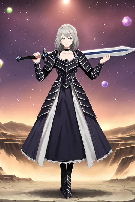 score_9,
<lora:library_of_ruina_v1_pruned:1>,
1girl, solo, medium hair, grey hair, green eyes,
maid, armor, battle dress, bubble dress, black choker,
full body,
sword, planted sword,
looking at viewer,
starry sky, night, galaxy background,
determined,
high resolution, Masterpiece, detailed