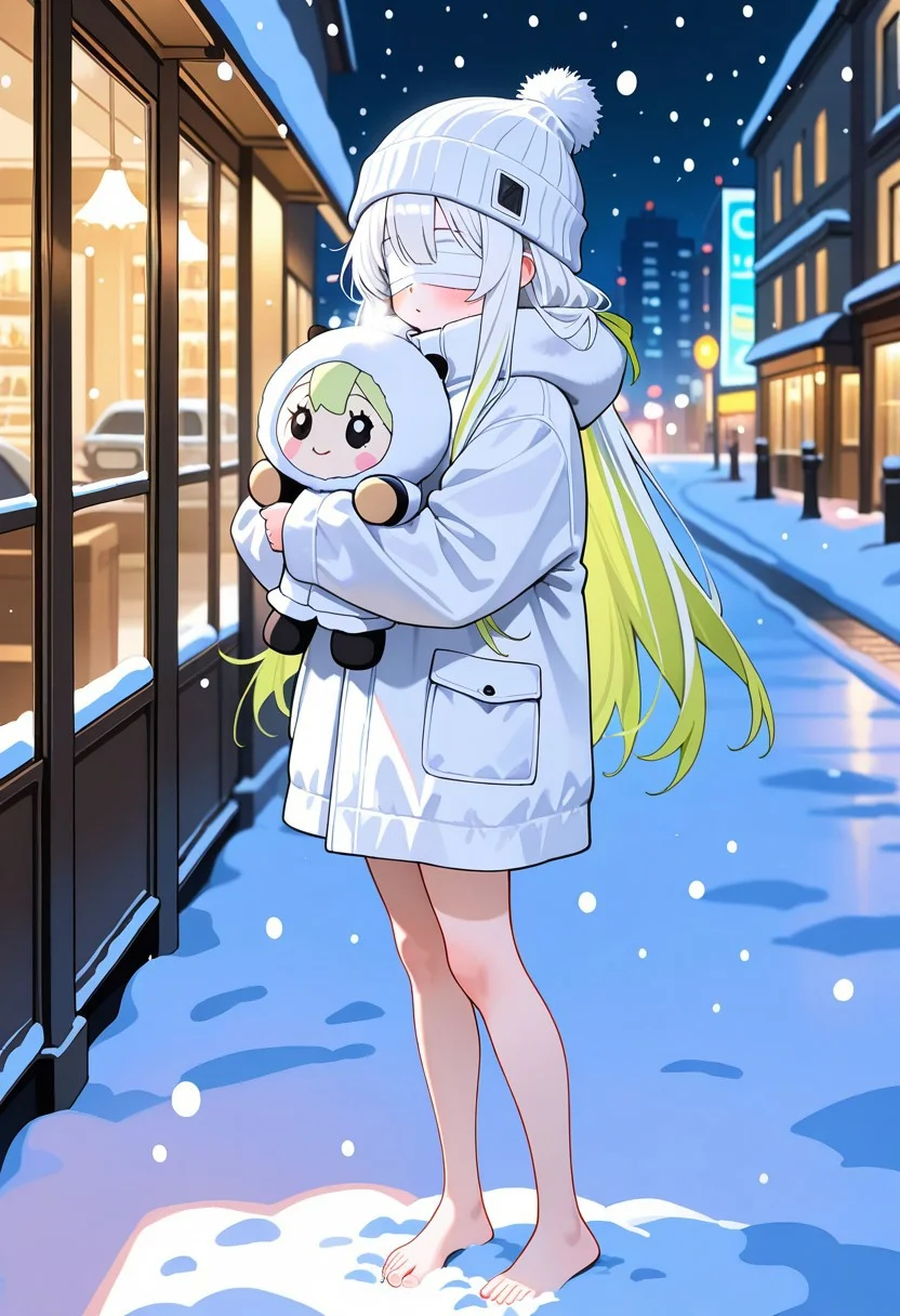 masterpiece, best quality, amazing quality, highres, high resolution, solo, score_9, score_8_up, score_7_up, 1girl, long hair, white hair, light green highlights, white bandages, bandages over eyes, long brilliant white fur jacket, barefoot, white beanie, standing, holding a doll, snowing city, nighttime,