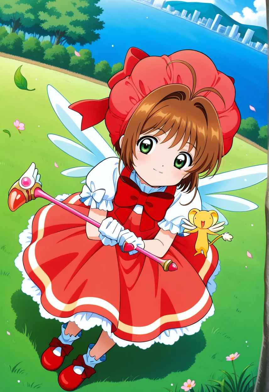 outdoor, trees, grass, cityscape, floating leaves, flowers,
BREAK,
{open smile|light smile},
{full body|cowboy shot}, (posing:0.4), (kero:0.4),
dynamic angle,
BREAK,
<lora:sakuraS_illustriousXL_v03:0.9>
kinosakumg, short hair, brown hair, red cap, bubble cap, green eyes, ahoge,
red dress, white sleeves, puffy sleeves, short sleeves, frills, red ribbon, pinafore dress,
mary janes, red footwear, footwear ribbon,
fuuin no tsue, sealingwand, holding wand,, source_anime, very aesthetic, anime coloring, masterpiece,
best quality, amazing quality, ultra detailed, very aesthetic,
detailed background,
BREAK,