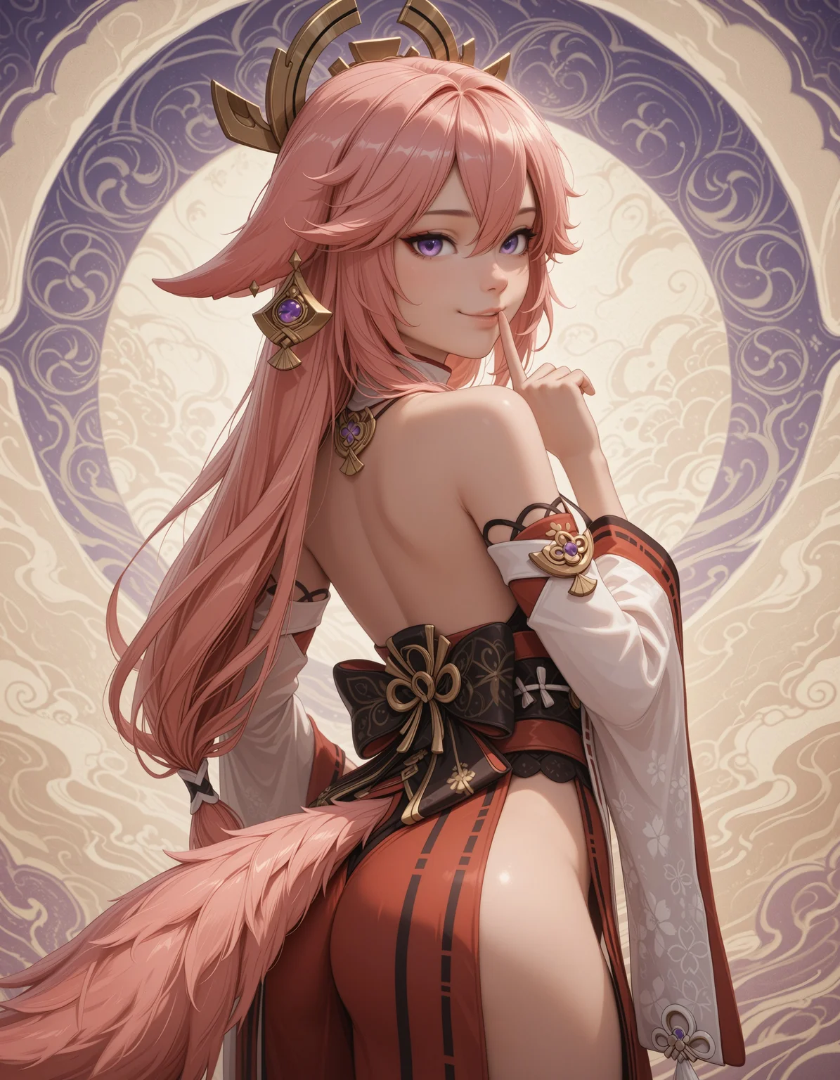 masterpiece,best quality,amazing quality, highres, detailed, nns3mi, realistic, 1girl, looking at viewer, smile, hand on own hip, yae miko, genshin impact, animal ears, tail, looking back, finger to mouth, shushing, side slit, abstract background, detailed background, intricate details, <lora:Semi-realistic_IL_10:1> <lora:Hyper-SDXL-4s:0.8>