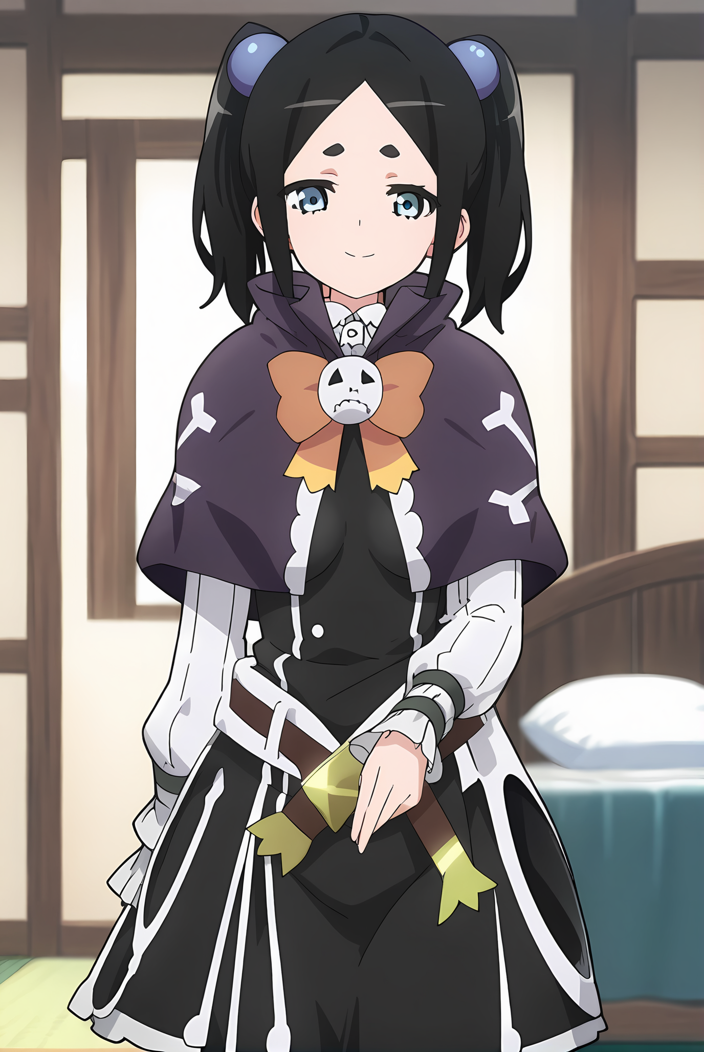 (purple capelet black dress belt black pantyhose:1.30), ig-toxico, black hair, short twintails, blue eyes, blue hair bobbles, medium breasts, 1girl, solo, skinny, score_9, score_8_up, score_8, score_7_up, score_7, score_6_up, score_6, score_5_up, score_5, source_anime, light smile, bedroom, (straight-on:1.20), (3koma:1.20), , <lora:ig-toxico-V02-000003:1.00>