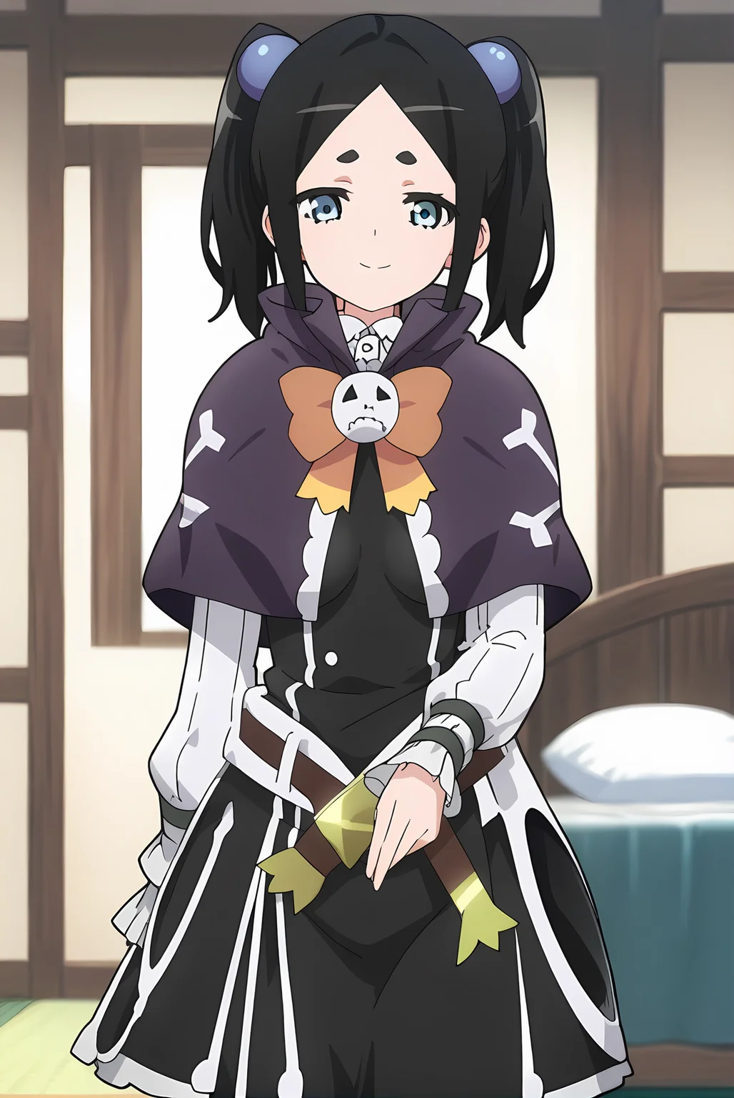 (purple capelet black dress belt black pantyhose:1.30), ig-toxico, black hair, short twintails, blue eyes, blue hair bobbles, medium breasts, 1girl, solo, skinny, score_9, score_8_up, score_8, score_7_up, score_7, score_6_up, score_6, score_5_up, score_5, source_anime, light smile, bedroom, (straight-on:1.20), (3koma:1.20), , <lora:ig-toxico-V02-000003:1.00>