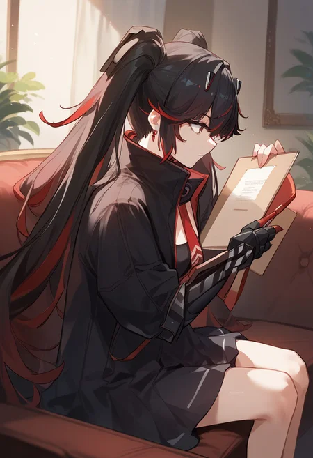 zPDXL3, score_9_up, score_8_up, score_7_up, (Anime_source), 1girl, Plume, red eyes, multicolored hair, red hair, black hair, long hair, twintails, Plume clothes, mechanical arm, cowboy shot, holding digital notebook, from side, sitting on couch, indoor, looking down