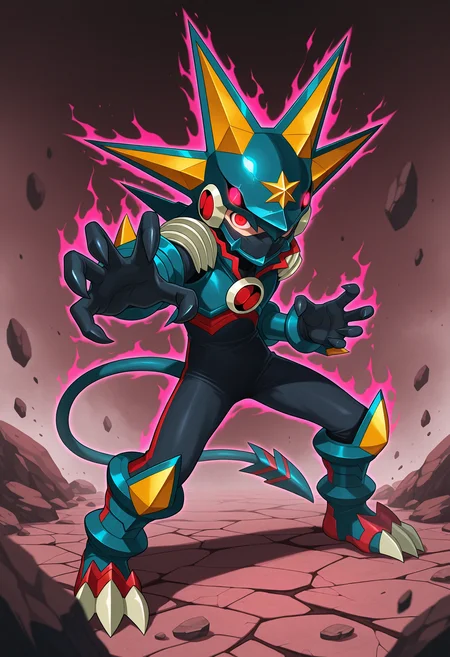 masterpiece,best quality,amazing quality,megaman.exe,gregar \(mega man\),1boy,claws,glowing,cracked floor,solo,armor,shoulder armor,rock,crack,tail,blue spikes helmet,debris,red eyes,rubble,glowing eyes,standing,full body,looking at viewer,forehead jewel\(gregar\),floating rock,energy,fighting stance,helmet,mouth mask,blue armor,<lora:gregar_falzar_V2-2:0.9>,official art,aura,(purple eyes:0.7),(black claws:0.7),
