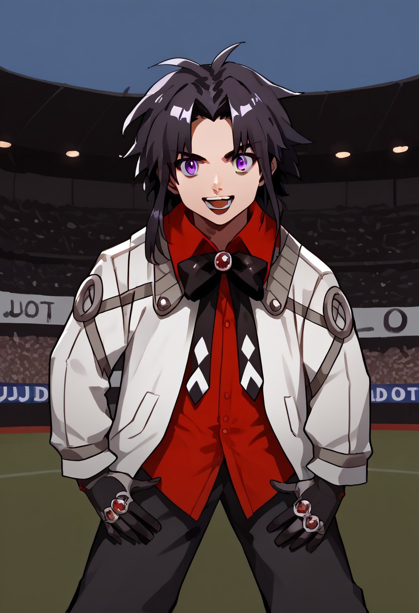 score_9, score_8_up, score_7_up, source_anime, 1boy, solo, JustDoItMeme, open mouth, looking at viewer, parody,  <lora:JustDoIt_XLPD-000008:1>, ,detailed skin,stadium,revin,coat,red_shirt,black_bow,black_gloves,dark_hair,purple eyes,smile,<lora:revin_brenten10:1>,