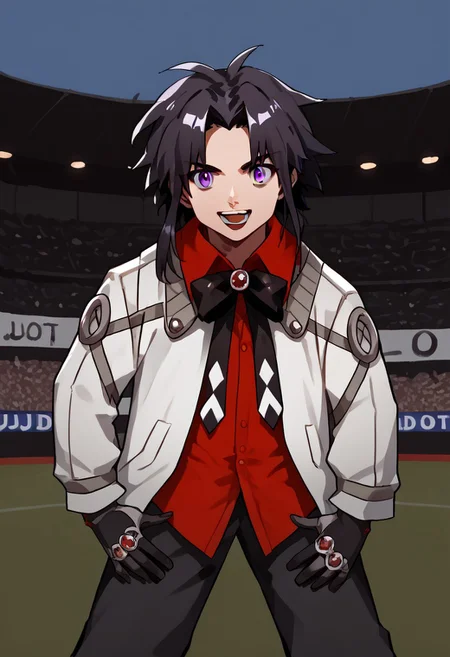 score_9, score_8_up, score_7_up, source_anime, 1boy, solo, JustDoItMeme, open mouth, looking at viewer, parody, <lora:JustDoIt_XLPD-000008:1>, ,detailed skin,stadium,revin,coat,red_shirt,black_bow,black_gloves,dark_hair,purple eyes,smile,<lora:revin_brenten10:1>,