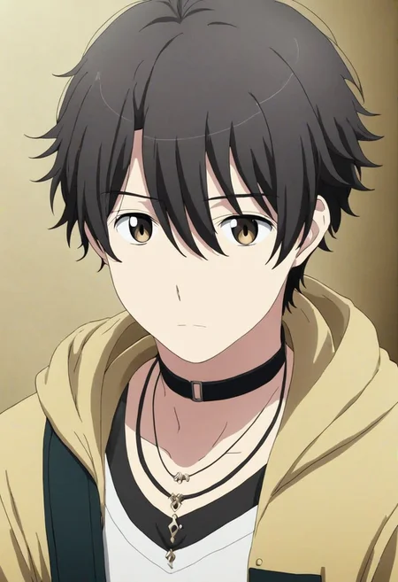 high resolution, solo, best quality, 1Boy, Inaho Kaizuka, Black Hair, bangs, necklace, choker, hair between eyes, Hoodie, OverallDetail