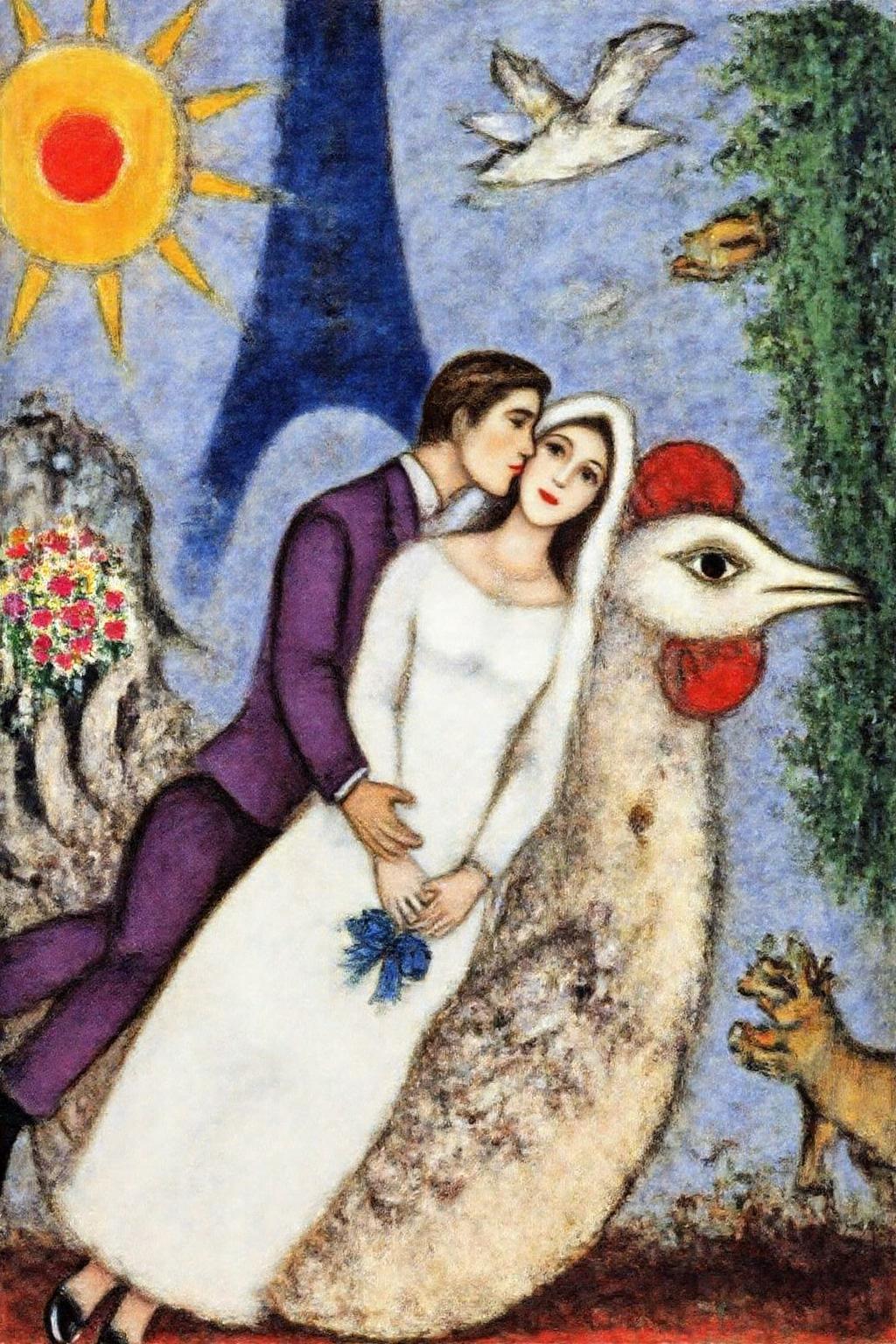 marcha9 painting 
A romantic scene with a couple, a woman, and a man, set against a dreamlike, fantastical backdrop. The woman, dressed in a flowing white wedding gown, is seated on the back of a stylized giant bird with a prominent red comb and a blue body. She holds a bouquet of flowers in her left hand and a blue ribbon in her right hand, which is resting on the man's shoulder. The man, dressed in a deep purple suit, embraces her from behind, with his head resting on her shoulder. <lora:marcha2_cap_d6a3e15:1.0><lora:814264411637259901:0>