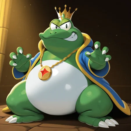 Wart_SMB2, frog, green skin, snout, nostrils, white belly, white claws, 4 fingers, 2 toes, light green eyelids, big eyes, black pupils, chubby, short legs, thick thighs, blue and yellow robes, robes, necklace, crown, mini crown, jewelry, grinning, looking at viewer, male, 1boy, no humans, volumetric lighting, perfect lighting, masterpiece, best quality, amazing quality, very aesthetic, absurdres, newest, high quality, detailed background