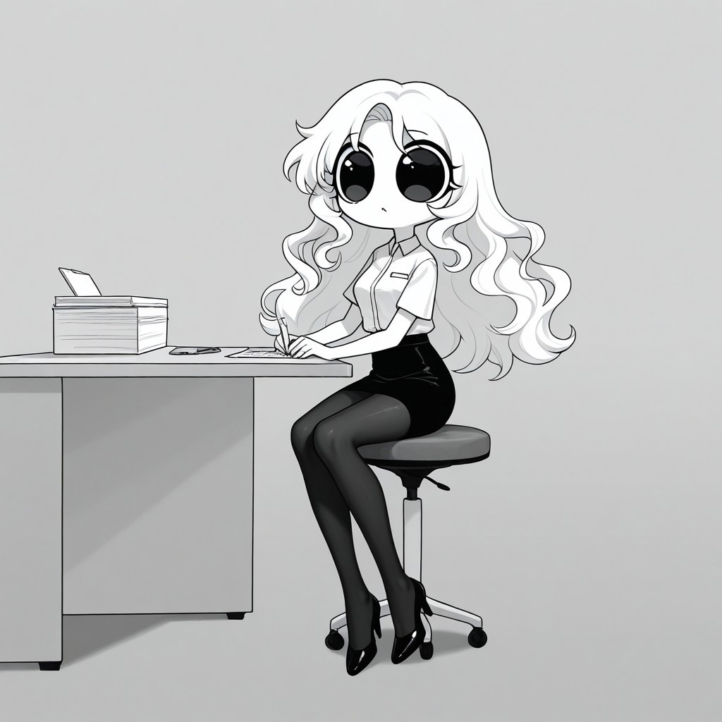 Xiaro, 1girl, solo, monochrome, big eyes, long wavy white hair, white short-sleeved office shirt, black skirt, black pantyhose, black heels
Xiaro sitting in an office while writing