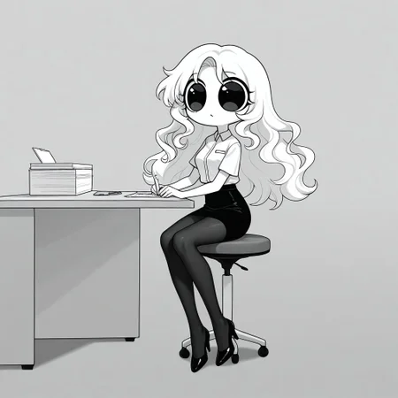 Xiaro, 1girl, solo, monochrome, big eyes, long wavy white hair, white short-sleeved office shirt, black skirt, black pantyhose, black heels
Xiaro sitting in an office while writing