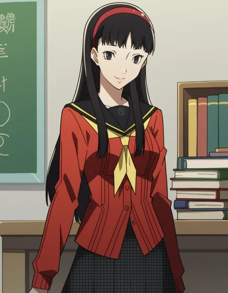 score_9, score_8_up, score_7_up, source_anime, <lora:yukiko-amagi-s1-ponyxl-lora-nochekaiser:1>, yukiko amagi, long hair, black hair, hairband, black eyes, medium breasts,, skirt, school uniform, pantyhose, serafuku, black pantyhose, shirt, white shirt, cardigan, red cardigan,, bookstore, browsing shelves, new book smell, finding a favorite, quiet atmosphere, smile, , smile, solo,, cowboy shot, dutch angle