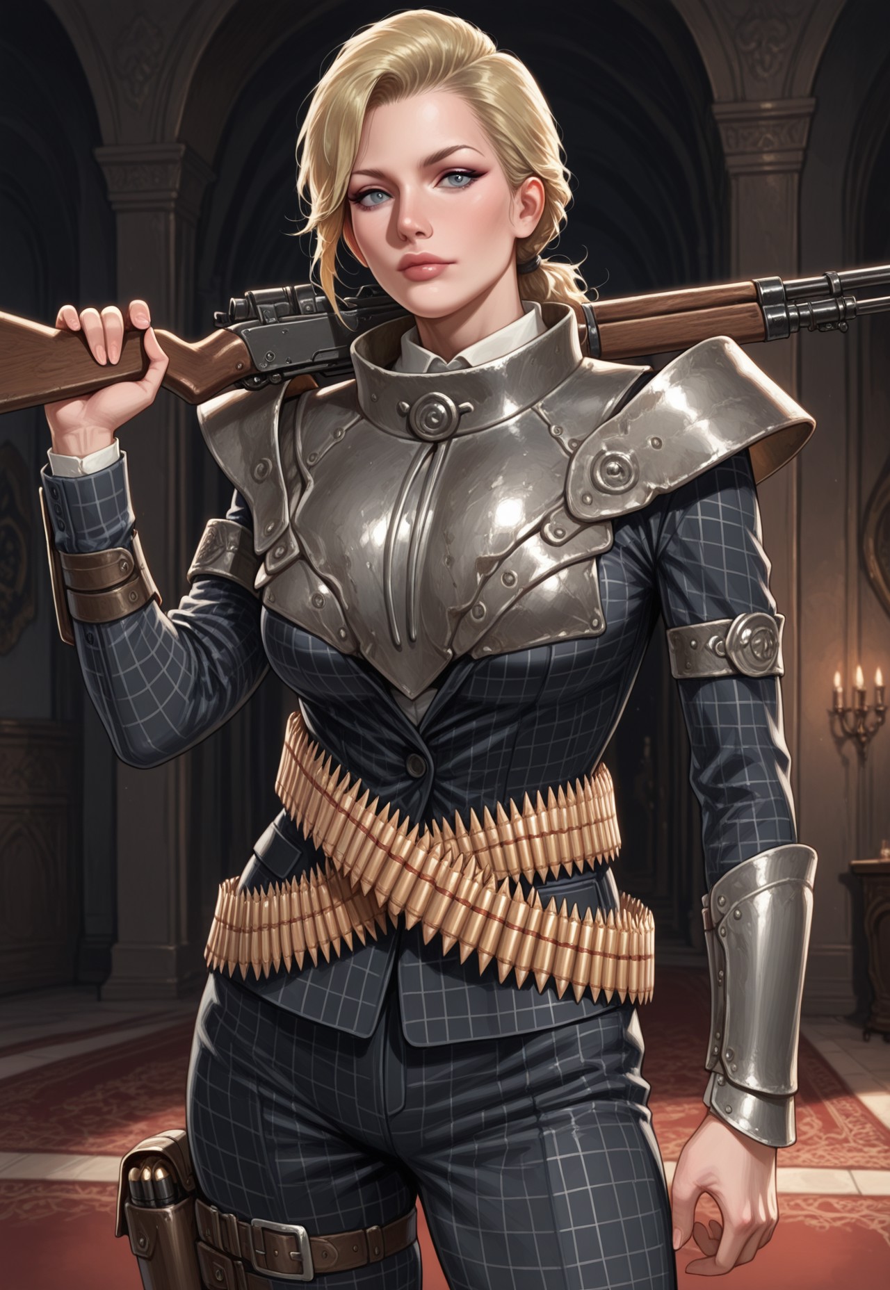 masterpiece, best quality, detailed, realistic, cowboy shot, 1girl, solo, magsfo, blonde hair, low ponytail, lips, breastplate, pauldrons, armlets, single vambrace, black checkered suit, ammunition belt, thigh holster, shoes, holding rifle, over shoulder,