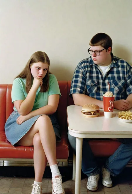 professional Film Still (extremely medium shot:1.36) of a {ridiculously chubby enormous teen Varvara Shcherbakova and (skinny boyfriend:1.25), sits next to the table, looks at hambueger, coke and fries on the table}, immensely emotional portrait by (Alec Soth:1.36), ((cinematic angle)), ((highly detailed)), best quality, (shot on leica m-a)