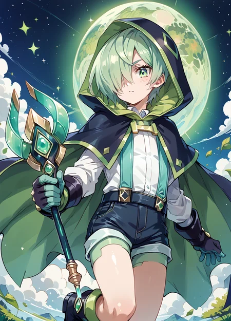 score_9_up, score_8_up, score_7_up,score_6_up,score_5, 1  boy, cybrese wicckid.solo.gloves,  shorts, hood,hair over one eye, boots,  green eyes,  cape, white shirt, black gloves, green hair,  , <lora:cybrese wicckid v3:1>,holding staff, jump. green space.