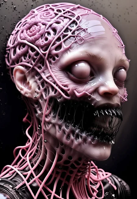 Blame! by Tsutomu Nihei see through surreal, STX_SH_HORROR, highly stylized alien, portrait, is flying through a void of black, expressionless face, bald silver plated cables everywhere, translucent glass head, gaping mouth, multiple rows of teeth, gears in background, black oil splatter, pink everywhere, symbiotic everywhere, insects everywhere titanium everywhere, electric everywhere, space hall, spaceship hallway, 