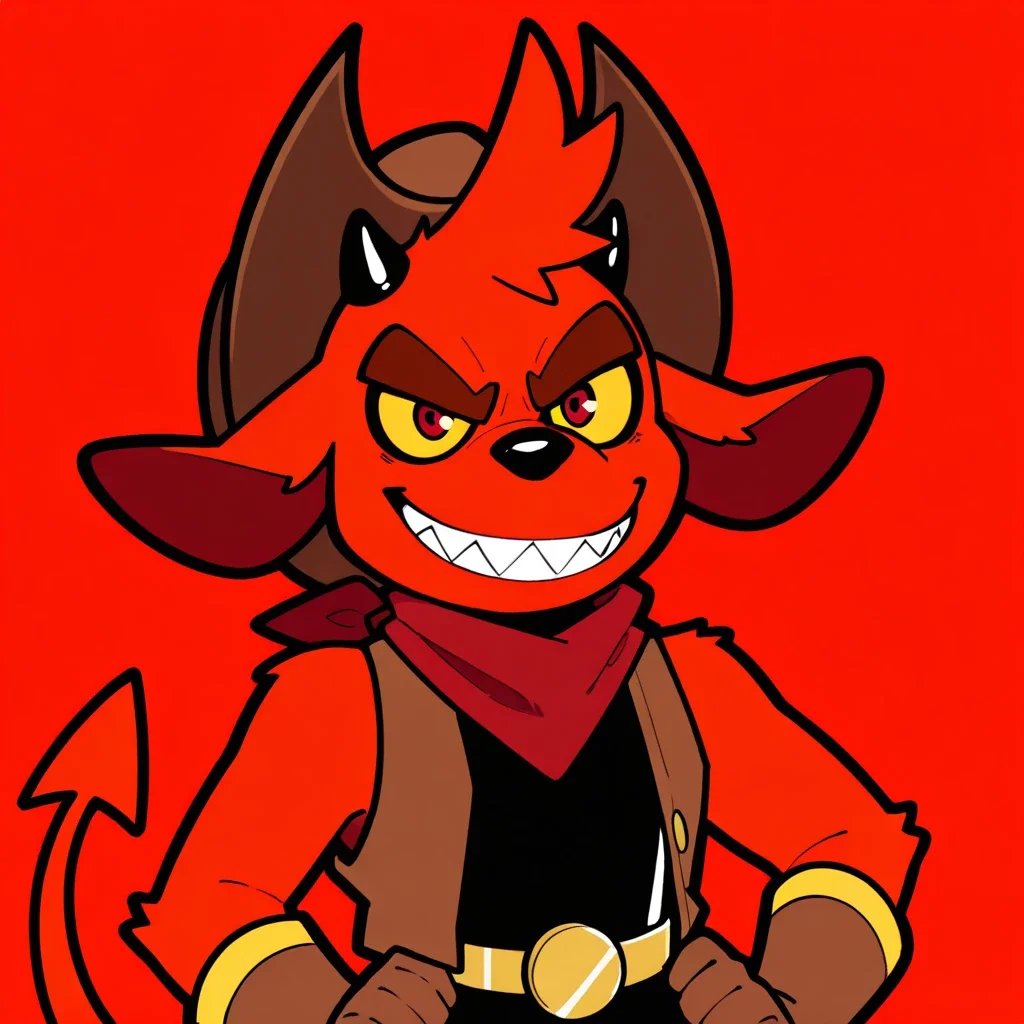 detailed fur:1, detailed face:1, detailed eyes:1, realistic fur:1, bald, highres, incredible quality, good anatomy, score_9, score_8, incredible quality, high quality, highres, ((thick outlines, very thick outlines, black outlines)), cartoony face, cartoony, colored picture, high quality, great quality, masterpiece, gremile hotshot, furry male, red body, colored sclera, tail, yellow sclera, solo, 1boy, forehead hair, head tuft, gloves, cowboy hat, horns, smile, smug, sharp teeth, upper body, red theme, simple background, standing, looking at viewer