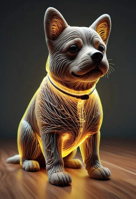 photo of a cute dog standing wearing a business suit made of tiny neon glass filaments,