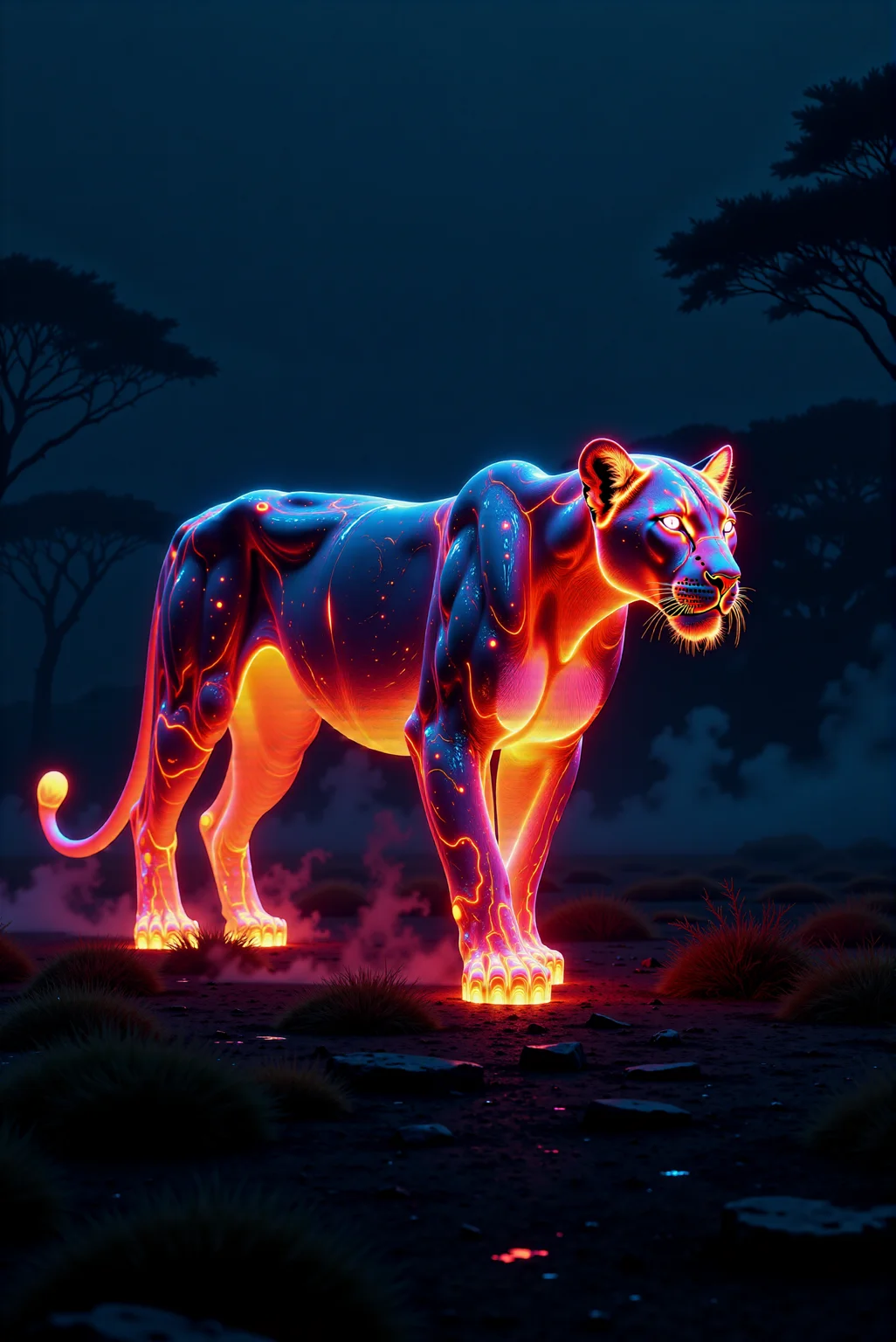 A luminous lioness made entirely of glowing neon-like light prowls gracefully through a shadowy, natural environment. Her sleek, muscular form radiates an ethereal glow with seamless transitions of striking colors, beginning with a soft, faint red along her flowing tail, shifting through a delicate, faint orange across her powerful middle-section and flanks, and culminating in a subtle, faint blue that glows softly across her angular head, perked ears, and whiskers. The lionessâs form appears as if sculpted from pure energy, with glowing, razor-sharp edges that stand in stark contrast against the impenetrable darkness of the surrounding habitatâan ancient, mist-laden savanna barely illuminated by scattered patches of faint moonlight. Her piercing, faint blue eyes shimmer with an intense, otherworldly focus, casting subtle ripples of light across the ground and low-lying mist as she moves silently through the ethereal scene. Delicate reflections of the faint red, faint orange, and faint blue hues ripple along the subtle outlines of sparse grass, weathered stones, and drifting wisps of dust, enhancing the dramatic contrast between her radiant brilliance and the deep, inky shadows of her environment. The lionessâs finely chiseled face, strong shoulders, and elegant limbs pulse softly with energy, while the intricate details of her glowing, smooth contours and flowing whiskers are subtly defined by the shifting brilliance of her gentle, luminous colors. The air hums with an enigmatic energy, as though the lioness herself is a living conduit of primal light, her poised and prowling form casting soft, pulsating glows that ripple outward in faint waves across the still, otherworldly landscape. The atmosphere exudes a surreal, mystical presence, blending science fiction and fantasy aesthetics reminiscent of cyberpunk visual storytelling, with smooth gradient transitions, sharp luminescent contrasts, and a haunting, dreamlike stillness that evokes both awe and quiet reverence.  <lora:DGLO_style_v.6:0.9>