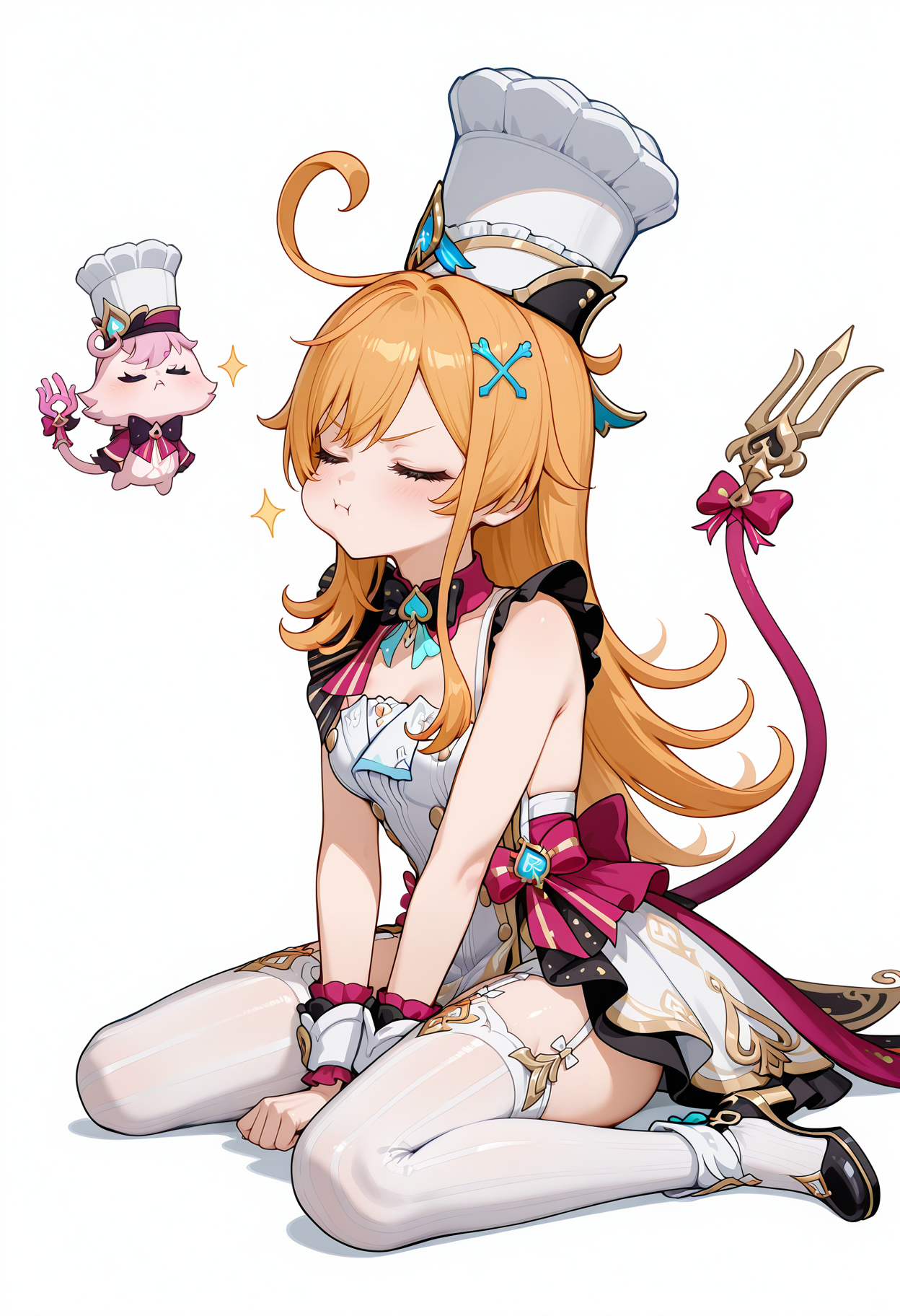 <lora:escoffier_illustrious-v1.3 (20):1>,
escoffier \(genshin_impact\),solo,thighhighs,hat,full body,garter straps,dress,closed mouth,breasts,black footwear,bow,white_background,white dress,tail,upper teeth only,wariza,pout,cheek bulge,arms_crossed,closed eyes,head up,looking_away,hair ornament,tail,looking_to_the_side,white thighhighs