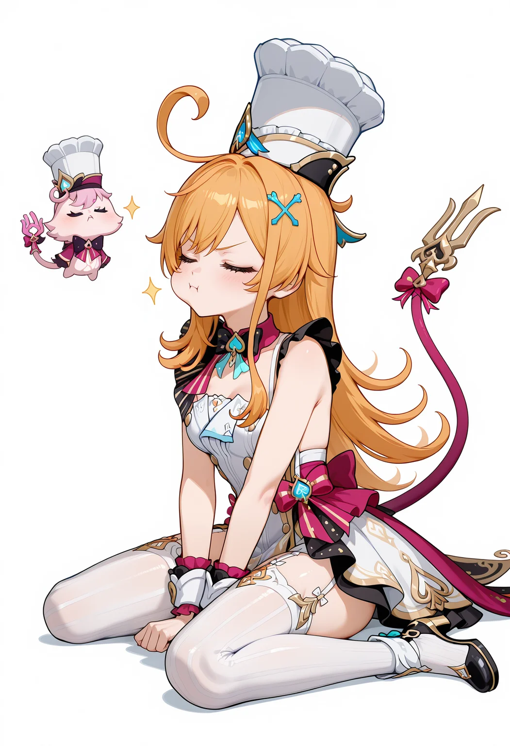 <lora:escoffier_illustrious-v1.3 (20):1>,
escoffier \(genshin_impact\),solo,thighhighs,hat,full body,garter straps,dress,closed mouth,breasts,black footwear,bow,white_background,white dress,tail,upper teeth only,wariza,pout,cheek bulge,arms_crossed,closed eyes,head up,looking_away,hair ornament,tail,looking_to_the_side,white thighhighs