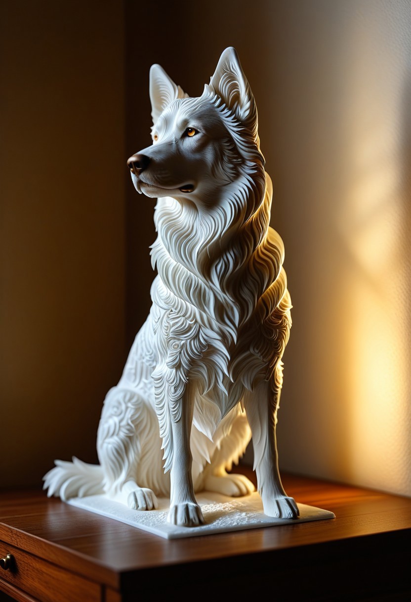A photorealistic image of a majestic dog figure,
crystalstexture skin,(extremely delicate and beautiful), highly detailed, WhiteMold, art style, 3d printed mold, 
intricate details, dramatic composition, contrast, texture, realism, high quality, stunning art, film grain, volumetric lighting, detailed, 
background is cozy room,