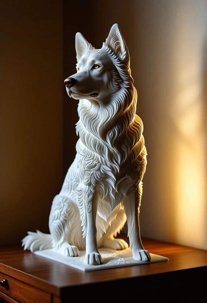 A photorealistic image of a majestic dog figure,
crystalstexture skin,(extremely delicate and beautiful), highly detailed, WhiteMold, art style, 3d printed mold, 
intricate details, dramatic composition, contrast, texture, realism, high quality, stunning art, film grain, volumetric lighting, detailed, 
background is cozy room,