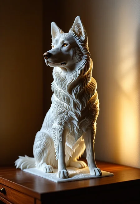 A photorealistic image of a majestic dog figure,
crystalstexture skin,(extremely delicate and beautiful), highly detailed, WhiteMold, art style, 3d printed mold,
intricate details, dramatic composition, contrast, texture, realism, high quality, stunning art, film grain, volumetric lighting, detailed,
background is cozy room,