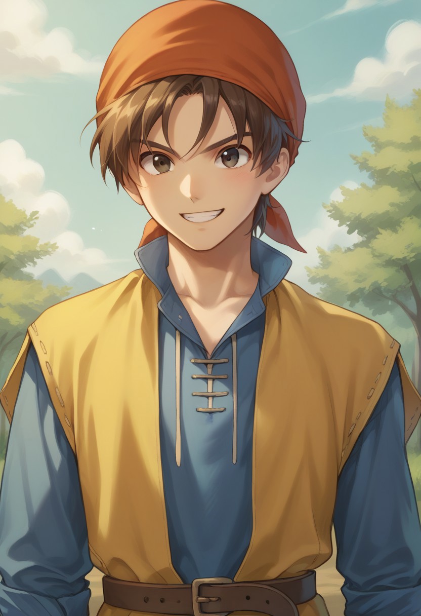 score_9, score_8_up, score_7_up, source_anime, highly detailed, 
herodq, 1boy, male focus, solo, brown hair, short hair, bandana, red bandana, black eyes, tunic, blue tunic, long sleeves, sleeves rolled up, coat, yellow coat, sleeveless coat, belt, upper body, smile, determined,
outdoor, wood,