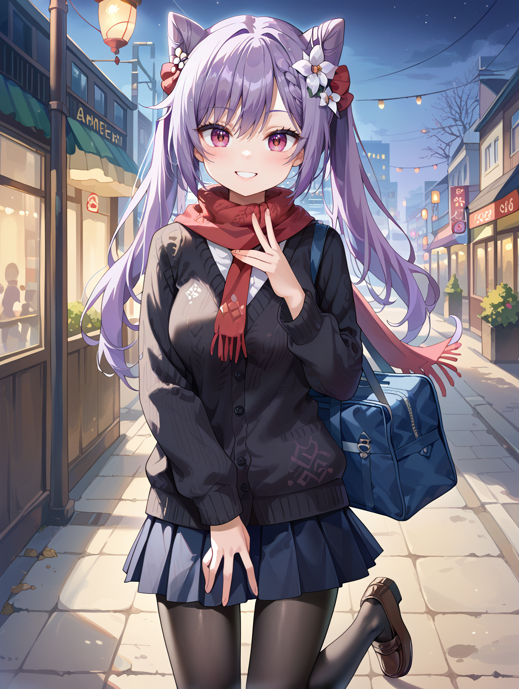 score_9, score_8_up, score_7_up,source_anime, <lora:style013:0.7>
eveningï¼Overall light is darkï¼ cute 22 year old girl,alone,keqing,dark purple eyes,perfect face, purple hair,Twin ponytails,Bangsï¼Little flower hair accessoriesï¼red scarf, black cardigan, Cream sweater,black striped pleated skirt,Dark black pantyhoseï¼brown loafersï¼slender legsï¼Black pantyhose without patternï¼Smiling, holding a dark blue schoolbag in one hand and saying hello with the otherã On the snowy sidewalk, dim street lights, View from the frontï¼