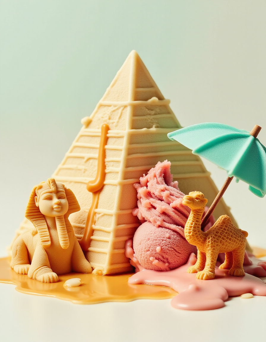A melting, pastel-colored ice cream sculpture shaped like the Egyptian pyramids, with caramel rivers flowing down the sides. ðï¸ A tiny, mischievous waffle-cone sphinx is licking up the melting ice cream, while a drippy strawberry-flavored camel tries to cool off with an umbrella.
<lora:ice-cream-cone-flux:1>
