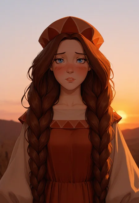 concept art golden hour shot of masterpiece, best quality, amazing quality, very aesthetic, <lora:zabava:1> zabava, 1girl, long hair, solo, brown hair, blue eyes, hat, blush , very long hair, twin braids,mature female,
<lora:nikifilini:1> nikifilini, close up,dress,
<lora:illustrious_quality_modifiers_masterpieces_v1:1> masterpiece, very aesthetic, absurdres. Warm light, sunset/sunrise, magical, serene . digital artwork, illustrative, painterly, matte painting, highly detailed