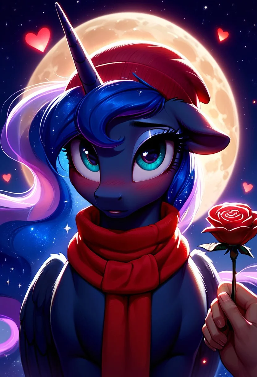 masterpiece, score_9, score_8_up, score_7_up, EasyNegative_v2, (best quality:1.1), ultra-detailed, high resolution, super detailed skin, nsfw, Highly Visible, 8k, sharp focus, beautiful, perfect lighting, smooth edges, source_anime, solo, 1girl, princess luna, mlp, feral pony, wings, scarf, beanie , furry, sexy, MILF, Big eyes, blue eyes, curvy, blush, shy, Innocent, outside, dynamic Angle, s1_dram, perfect lighting,, looking at viewer, romantic, night, moon, human male off screen ((holding a rose)), Valentine's Day