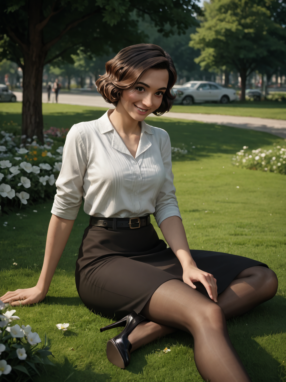 score_9, score_8_up, score_7_up,  score_6_up, BREAK, S4rahAngel0, 1girl, solo, short hair, brown hair, brown eyes, white shirt, pantyhose, belt, black skirt, pencil skirt, long skirt, high heels, in the park, sitting on the ground, smile, grass, flowers  <lora:Sarah_Angelo:1>