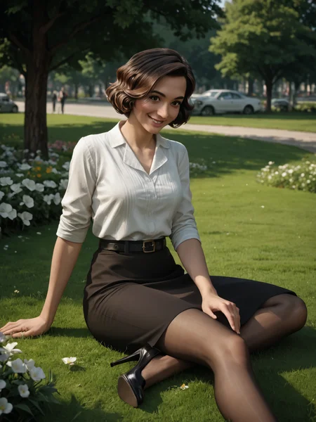 score_9, score_8_up, score_7_up, score_6_up, BREAK, S4rahAngel0, 1girl, solo, short hair, brown hair, brown eyes, white shirt, pantyhose, belt, black skirt, pencil skirt, long skirt, high heels, in the park, sitting on the ground, smile, grass, flowers <lora:Sarah_Angelo:1>