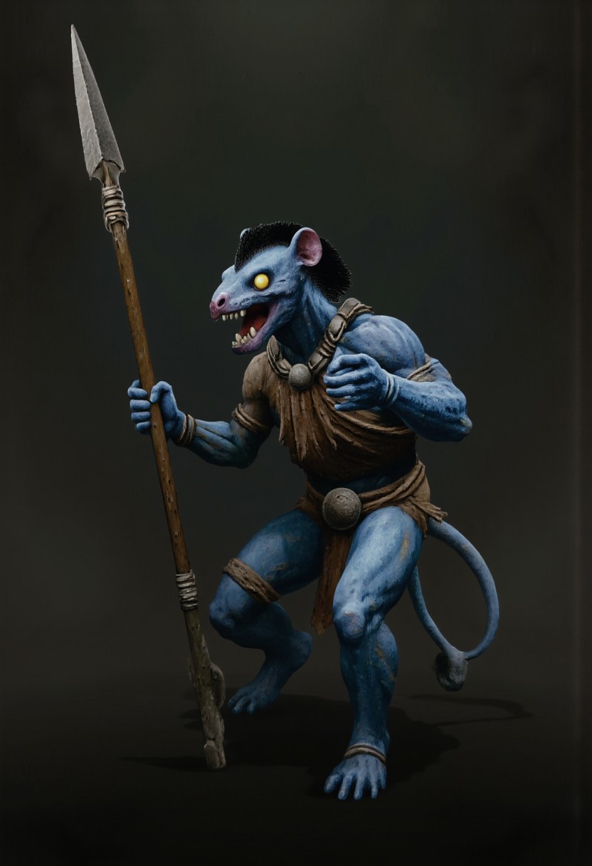 b3rs3rk macro lens d4concept pov, 3D01S, simple background d4artstyle atmospheric and powerful MikeFranchinastyle dark fantasy, natural organic and first person pov of a berserk style creature in the Tsutomu Nihei style
Anthropomorphic reptilian warrior, fusion of dragon, rat, and kobold traits. Muscular bipedal body with blue-gray scaled skin, transitioning to lighter underbelly. Elongated snout with sharp teeth and small protruding fangs. Large, expressive yellow eyes with vertical pupils. Distinctive head features: frilled ears like a kobold, spiky black mohawk running down neck. Armed with primitive weapons: wielding a long spear with metallic tip, dagger at hip. Dressed in leather armor: brown chest piece, tattered loincloth, arm guards, and leg wraps. Adorned with tribal jewelry: bone necklace, metal arm bands. Clawed hands and feet with opposable thumbs. Long, thick tail for balance. Skin texture highly detailed: mix of smooth scales and rough, battle-scarred patches. Pose: alert fighting stance, spear at the ready. Background: misty swamp or dim forest setting. Lighting: moody, emphasizing form and texture. Style: hyper-realistic 3D render with painterly touches. Atmosphere: primal, dangerous creature in its natural habitat.
UHD letterboxed game trailer frame chromatic aberration dark atmosphere sharp masterpiece with a focus on the character, elden ring, dark atmosphere