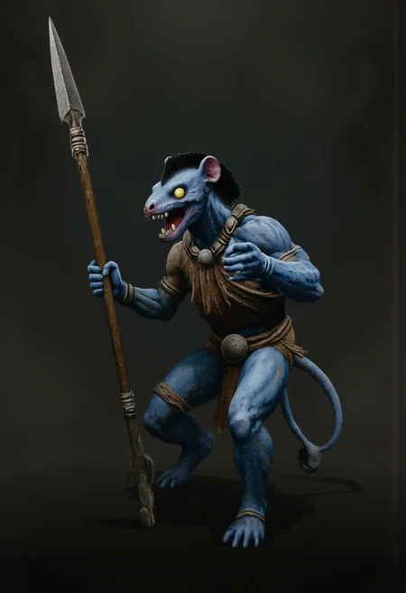 b3rs3rk macro lens d4concept pov, 3D01S, simple background d4artstyle atmospheric and powerful MikeFranchinastyle dark fantasy, natural organic and first person pov of a berserk style creature in the Tsutomu Nihei style
Anthropomorphic reptilian warrior, fusion of dragon, rat, and kobold traits. Muscular bipedal body with blue-gray scaled skin, transitioning to lighter underbelly. Elongated snout with sharp teeth and small protruding fangs. Large, expressive yellow eyes with vertical pupils. Distinctive head features: frilled ears like a kobold, spiky black mohawk running down neck. Armed with primitive weapons: wielding a long spear with metallic tip, dagger at hip. Dressed in leather armor: brown chest piece, tattered loincloth, arm guards, and leg wraps. Adorned with tribal jewelry: bone necklace, metal arm bands. Clawed hands and feet with opposable thumbs. Long, thick tail for balance. Skin texture highly detailed: mix of smooth scales and rough, battle-scarred patches. Pose: alert fighting stance, spear at the ready. Background: misty swamp or dim forest setting. Lighting: moody, emphasizing form and texture. Style: hyper-realistic 3D render with painterly touches. Atmosphere: primal, dangerous creature in its natural habitat.
UHD letterboxed game trailer frame chromatic aberration dark atmosphere sharp masterpiece with a focus on the character, elden ring, dark atmosphere