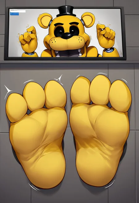 score_9,score_8_up, <lora:OtherStyle_01:0.6>,
furry cartoon Golden Freddy (Fnaf) paws through wall. paws through wall. ((Three big toes)), ((three toes)), soft soles, ((cute feet)), furry soles. toes curling. paws wiggling, paws shaking.
((((face on monitor)))). (( Golden Freddy (Fnaf 1))) , nervous) ((big light yellow soles)) ((big yellow feet)).
((Golden Freddy's big feet are next to each other))
detailed, anime, masterpiece, dynamic lighting.