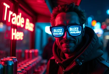 A street vendor in a cyberpunk alley selling neon-lit "buzz" energy drinks. The glowing stall sign reads "Trade Buzz Here", and the merchant wears glasses that display scrolling text of "Buzz Available"