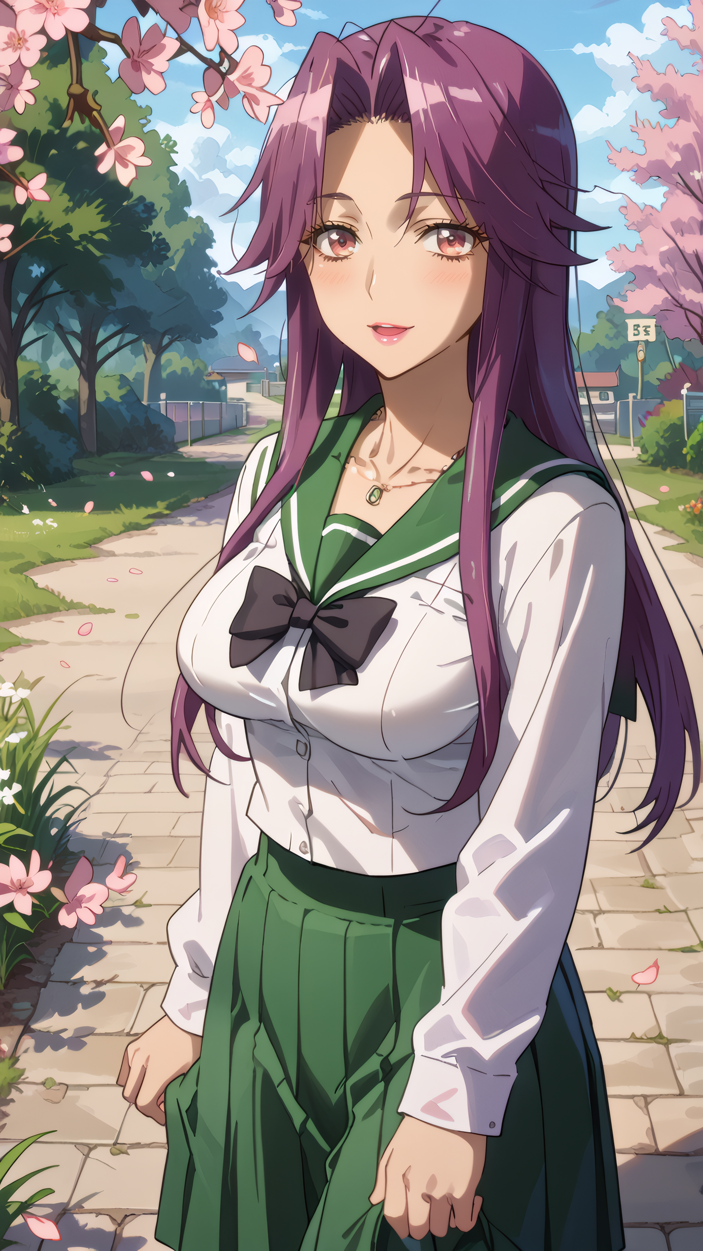 score_9, score_8_up, score_7_up, 1girl, looking at viewer, cowboy shot, 
<lora:Yuriko_Takagi_Dwnsty:0.8>, yuriko_takagi, pink eyes, purple hair, long hair, jewelry, necklace, lipstick, makeup, hotd_school_uniform, school uniform, serafuku, green skirt, pleated skirt, black bowtie,  <lora:HOTD_Uniform_Dwnsty-000008:0.5>
mature female, large breasts, skindentation, lips, light smile, blush, adjusting clothes, surprised, open mouth, 
outdoors, school yard, cherry blossoms, grass, pathway, falling petals,