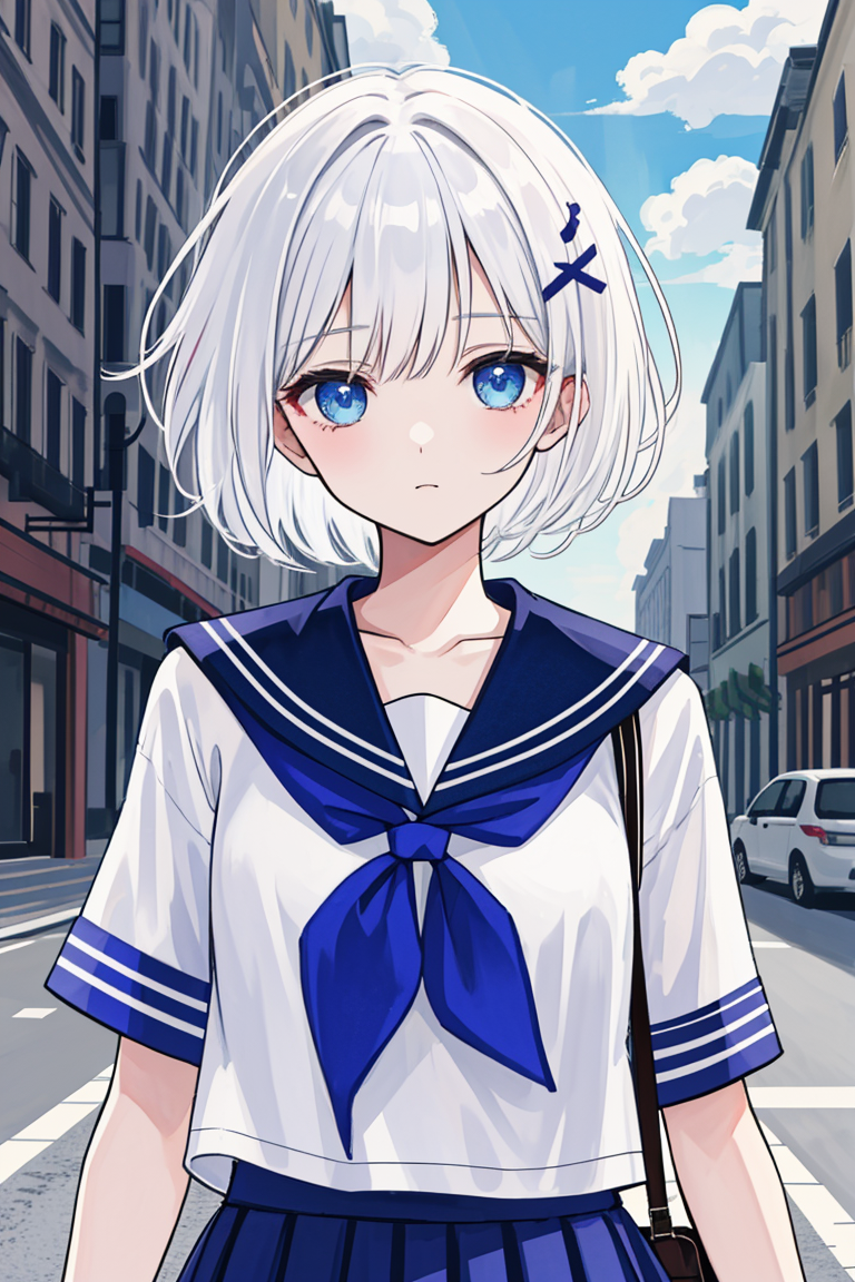 1girl, short hair, (white hair:1.2), x hair ornament, blue eyes, 
outdoors, detailed background, city, 
neckerchief, 
serafuku, 
 <lora:SiestaV1.0-000001:1> siesta diad,, <lora:LCM_LoRA_Weights_SD15:1>