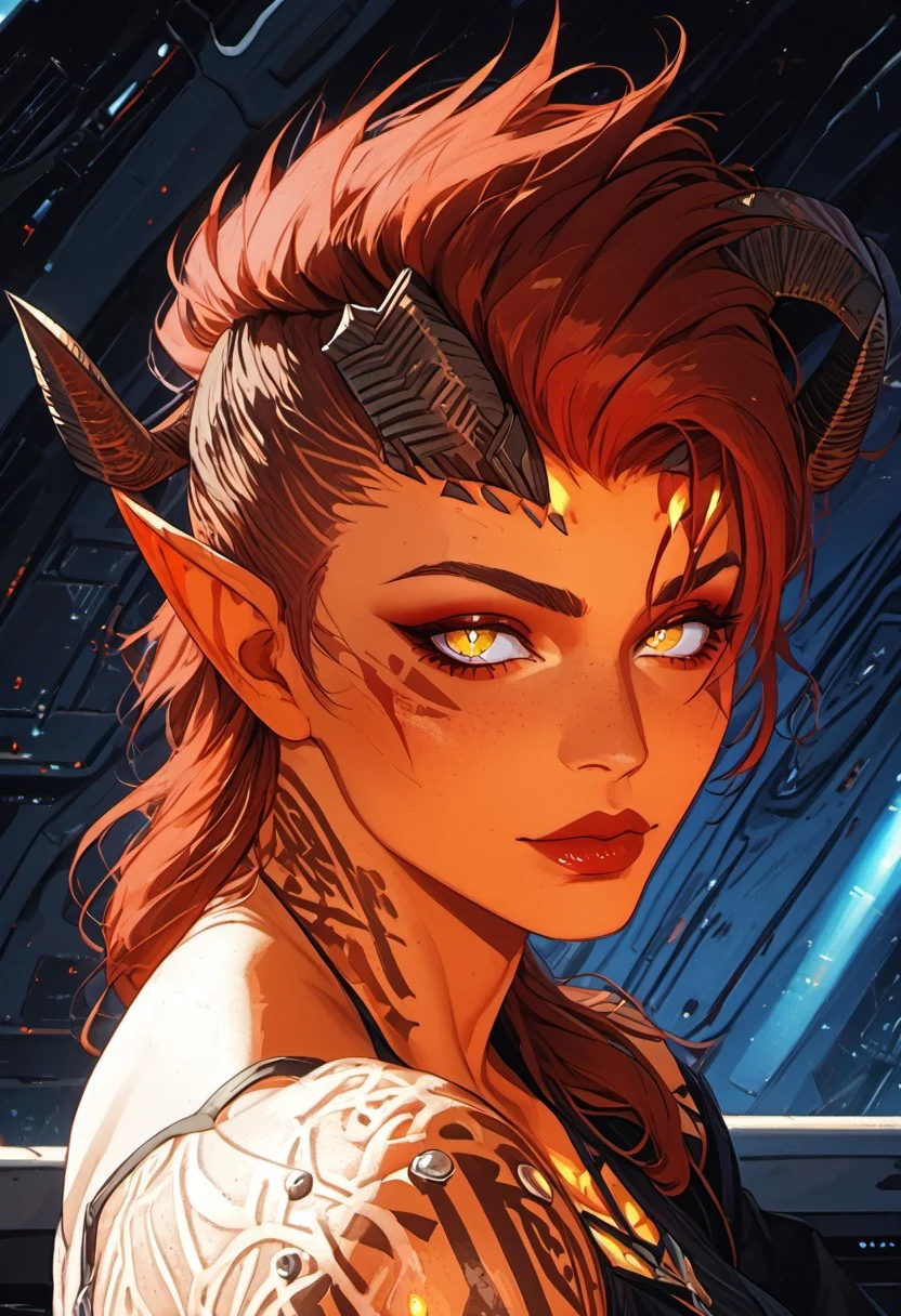 ((zPDXL3)), score_9, score_8_up, score_8, ((full body)), (sexy:2.5), (SuperQuality:1.0) ~ (SuperQuality:1.2), Science Fiction, Star Wars, perfecteyes, ultra detailed, high resolution, high quality, masterpiece, intricate details, intricate body, intricate landscape, knva, Expressiveh, European Instagram Model, upper body shot, low light, spaceship background,
BREAK
1girl, solo, source_cartoon, mature female, KarlachBG3, demon girl, colored skin, slit pupils, tattoo, scars, muscular, toned, Yellow eyes, crop top, black pants, torn pants, beautiful, full lips, looking at viewer, closed mouth,
<lora:Pyrrha:1> <lora:4th_tail_v0.3_lora_extract_l:0.60>