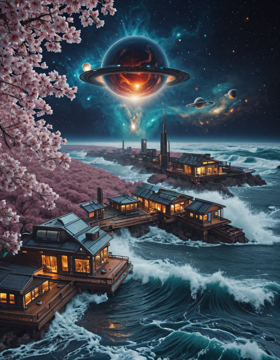 science fiction, hyper realism, cyberpunk, <lora:Space_Worlds_Minis_2poetic:1> cherry blossoms, waves, nebula, space, house,