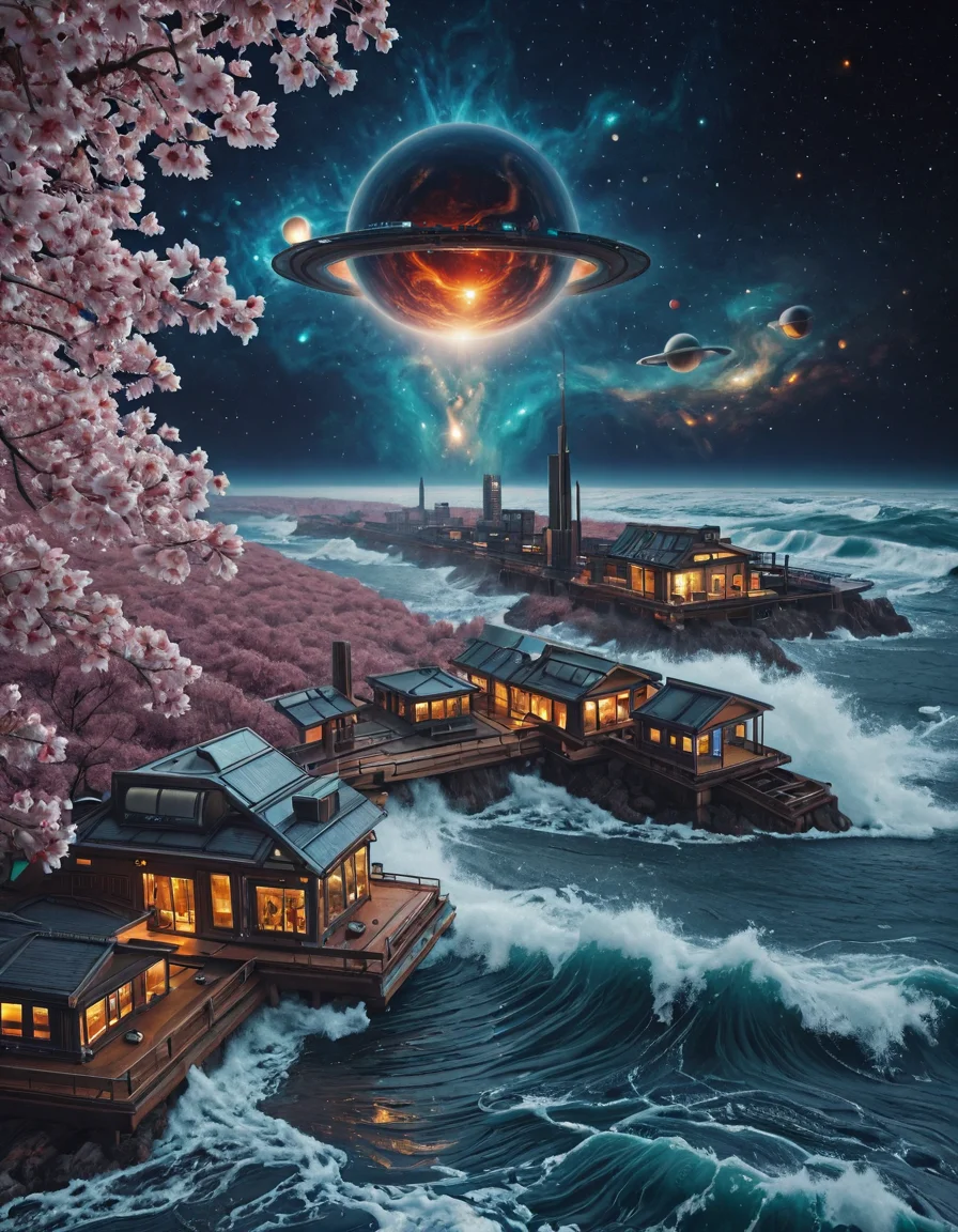 science fiction, hyper realism, cyberpunk, <lora:Space_Worlds_Minis_2poetic:1> cherry blossoms, waves, nebula, space, house,