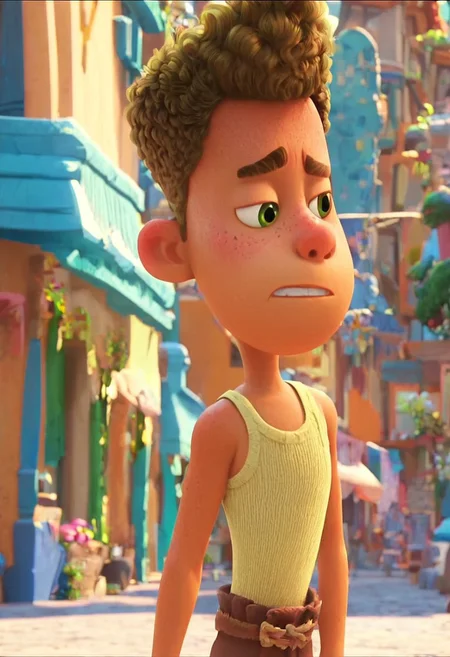 score_9, score_8_up, score_7_up, intricate details, masterpiece, best quality, screencap, high quality cg, 8k, best quality,
AlbScorf, green eyes, brown hair, tank top, belt, brown shorts, barefoot, 1boy, solo, alone