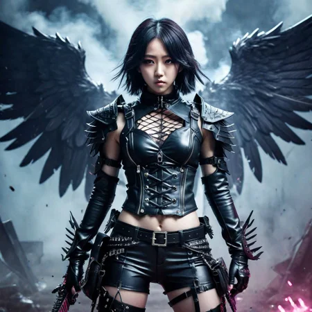 (K-pop idol name) as a dark anime anti-hero, (revealing battle outfit:1.3) with leather and lace, weapons, wings, defiant expression, smoky battlefield background, dramatic pose, desaturated color palette with pops of neon, harsh lighting, detailed textures