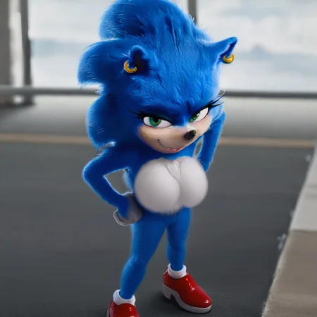 white socks, green eyes, Sonic, earring, blue hedgehog, female anthro, red shoes, white gloves, choker, animal ears, eyeshadow